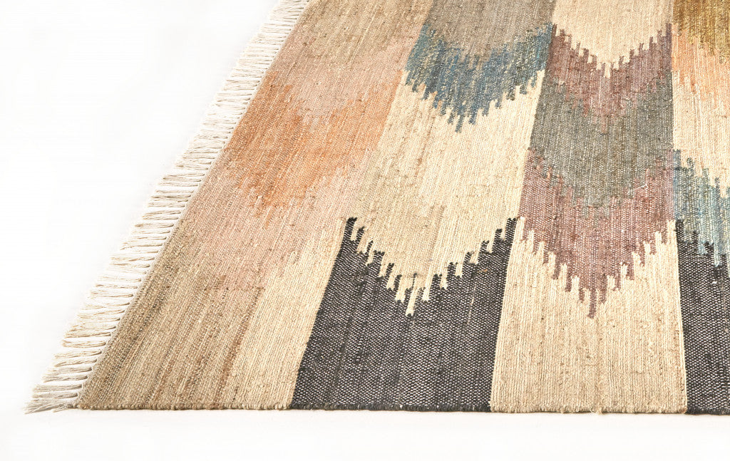 9 x 12 Tan Blue & Orange Geometric Dhurrie Flatweave Handmade Rug With Fringe