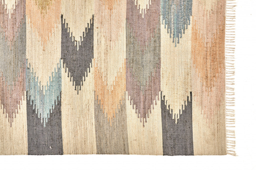 9 x 12 Tan Blue & Orange Geometric Dhurrie Flatweave Handmade Rug With Fringe