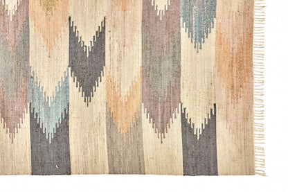 9 x 12 Tan Blue & Orange Geometric Dhurrie Flatweave Handmade Rug With Fringe