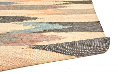 9 x 12 Tan Blue & Orange Geometric Dhurrie Flatweave Handmade Rug With Fringe