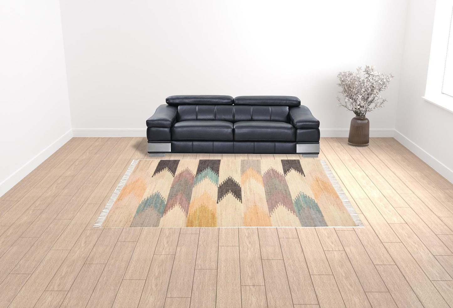 9 x 12 Tan Blue & Orange Geometric Dhurrie Flatweave Handmade Rug With Fringe