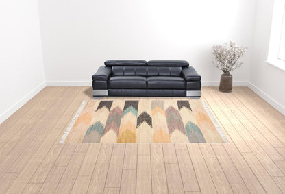 9 x 12 Tan Blue & Orange Geometric Dhurrie Flatweave Handmade Rug With Fringe