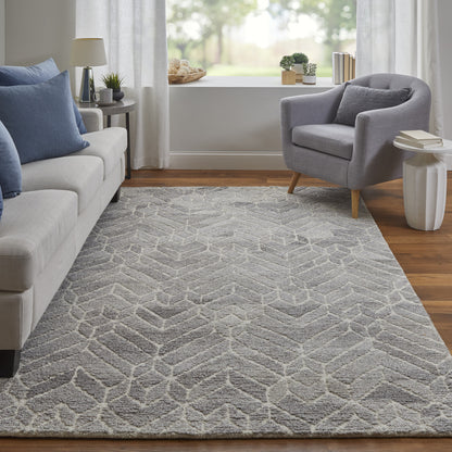 9 x 12 Gray & Ivory Wool Geometric Hand Tufted Rug