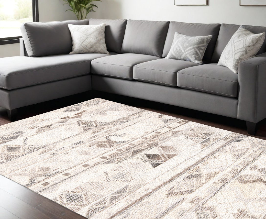 9 x 12 Beige Ivory & Gray Wool Geometric Hand Tufted Rug
