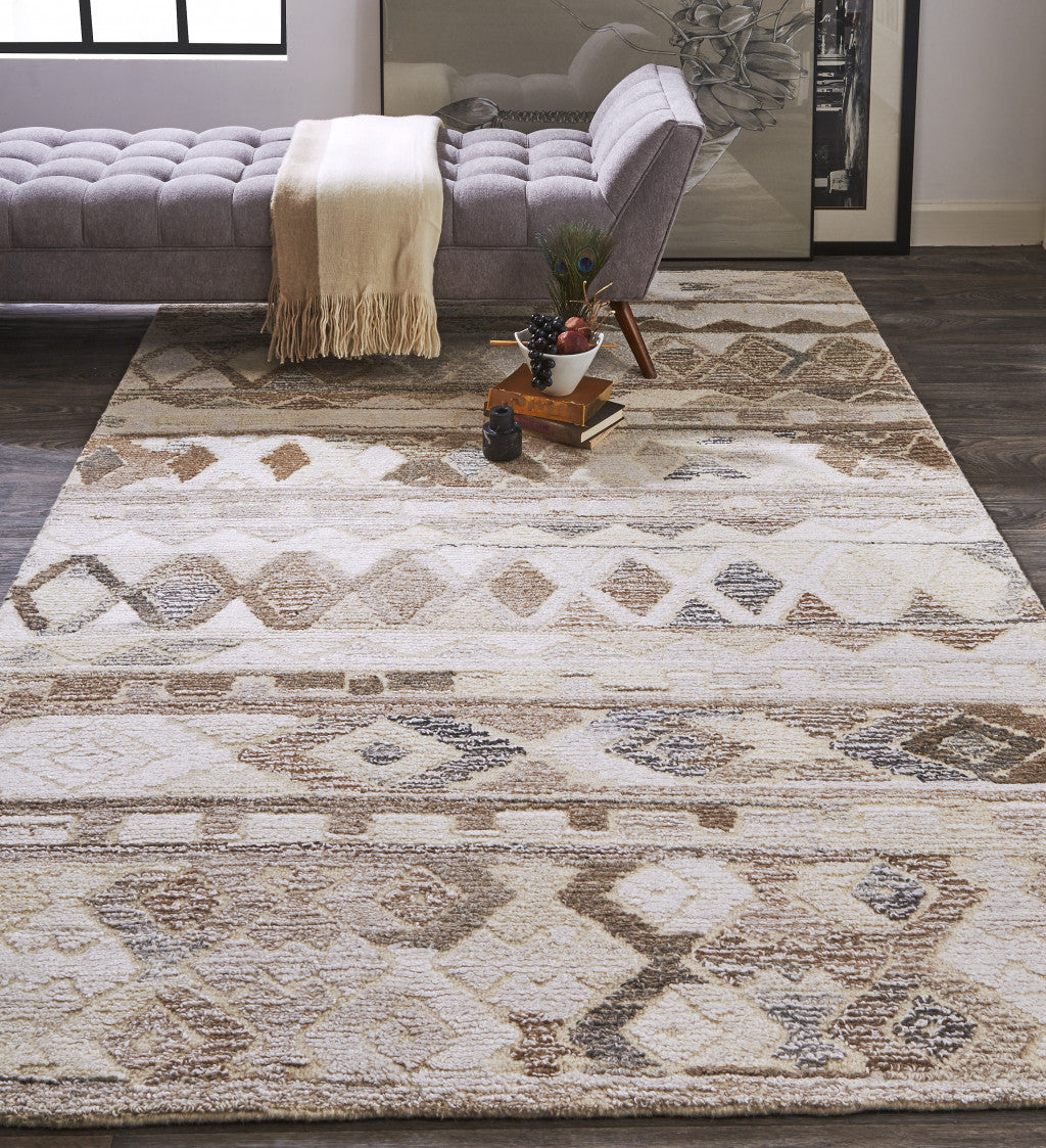 9 x 12 Beige Ivory & Gray Wool Geometric Hand Tufted Rug