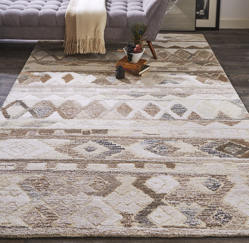 9 x 12 Beige Ivory & Gray Wool Geometric Hand Tufted Rug