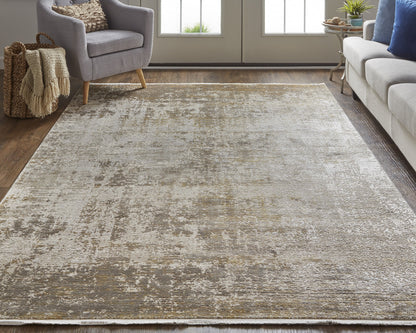 12 x 15 Taupe Ivory & Gold Rug With Fringe