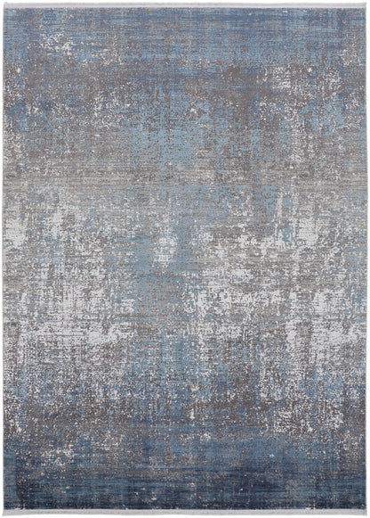 10 x 13 Blue Gray & Silver Power Loom Distressed Rug With Fringe