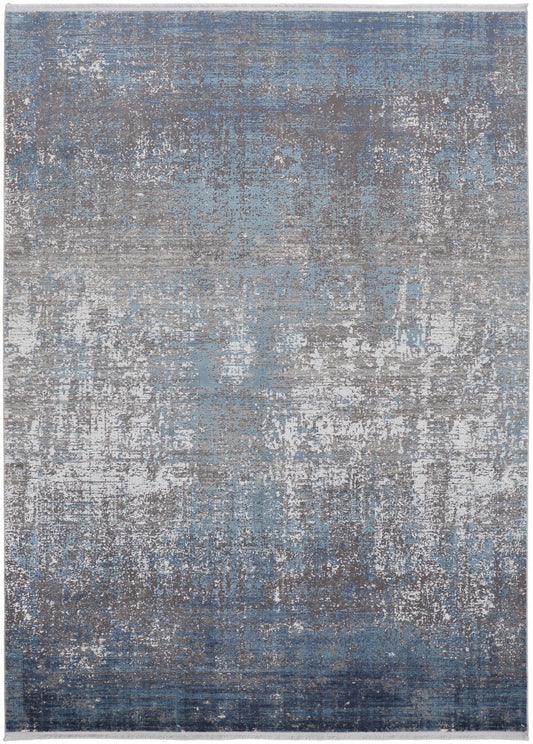 10 x 13 Blue Gray & Silver Power Loom Distressed Rug With Fringe