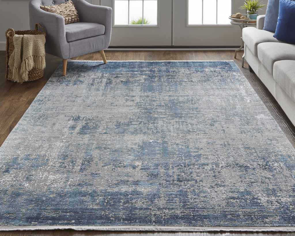 10 x 13 Blue Gray & Silver Power Loom Distressed Rug With Fringe