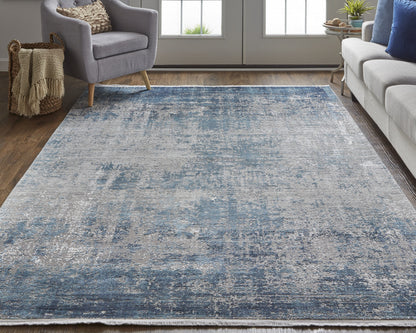 10 x 13 Blue Gray & Silver Power Loom Distressed Rug With Fringe