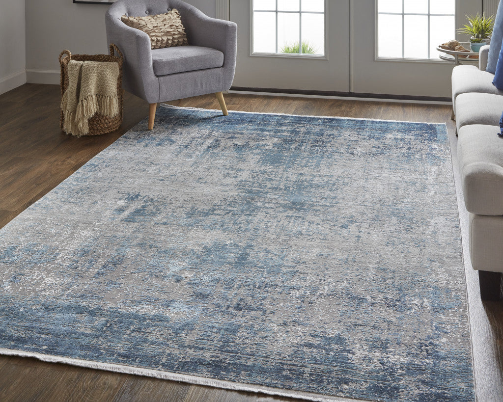 10 x 13 Blue Gray & Silver Power Loom Distressed Rug With Fringe