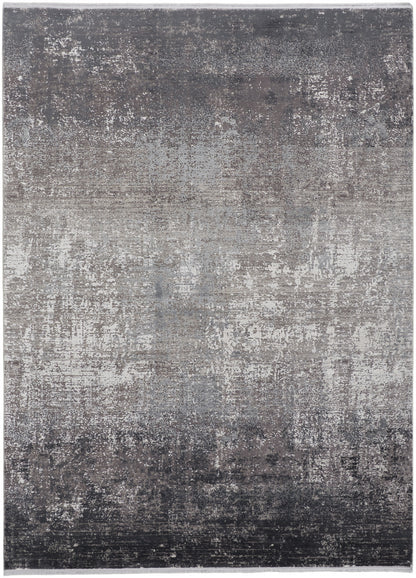 10 x 13 Gray Black & Silver Power Loom Distressed Rug With Fringe