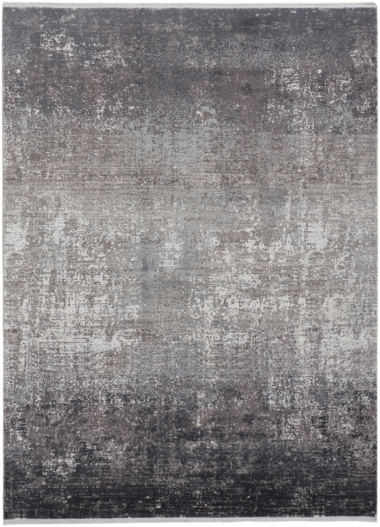 12 x 15 Gray & Black Power Loom Distressed Rug With Fringe