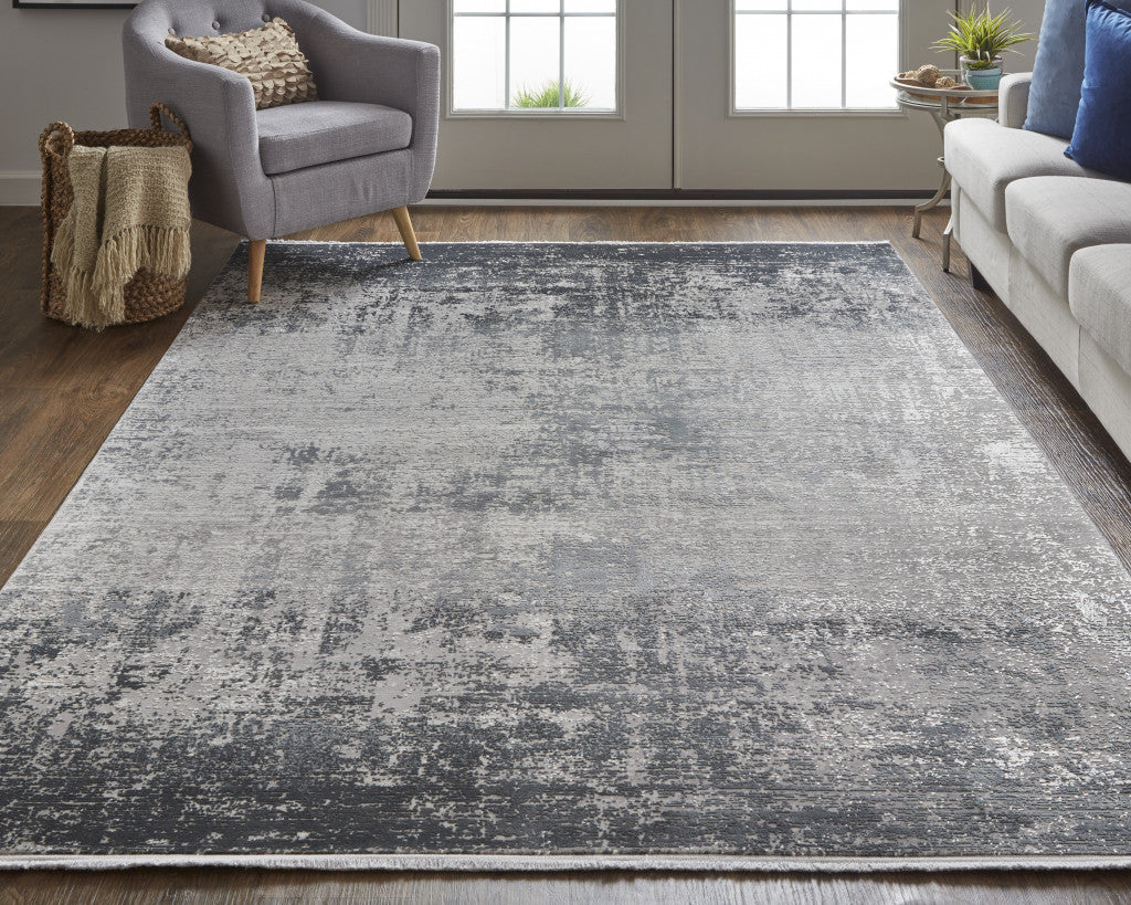12 x 15 Gray & Black Power Loom Distressed Rug With Fringe