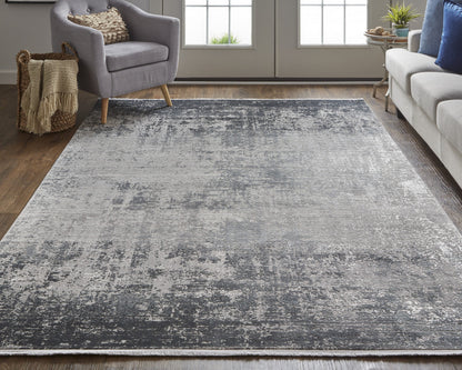 12 x 15 Gray & Black Power Loom Distressed Rug With Fringe