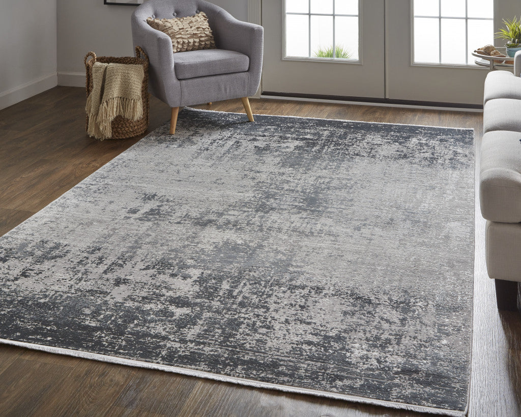 12 x 15 Gray & Black Power Loom Distressed Rug With Fringe