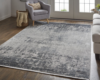 12 x 15 Gray & Black Power Loom Distressed Rug With Fringe