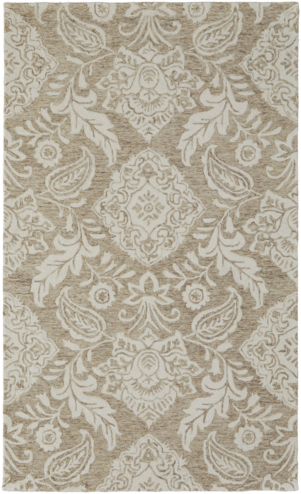 8 x 10 Tan & Ivory Wool Paisley Tufted Handmade Stain Resistant Rug