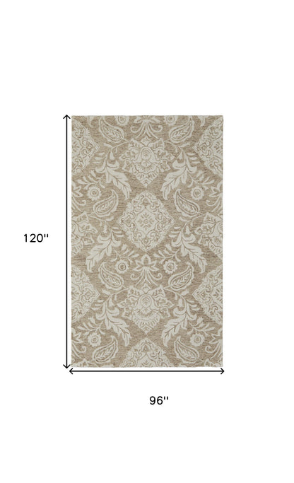 8 x 10 Tan & Ivory Wool Paisley Tufted Handmade Stain Resistant Rug