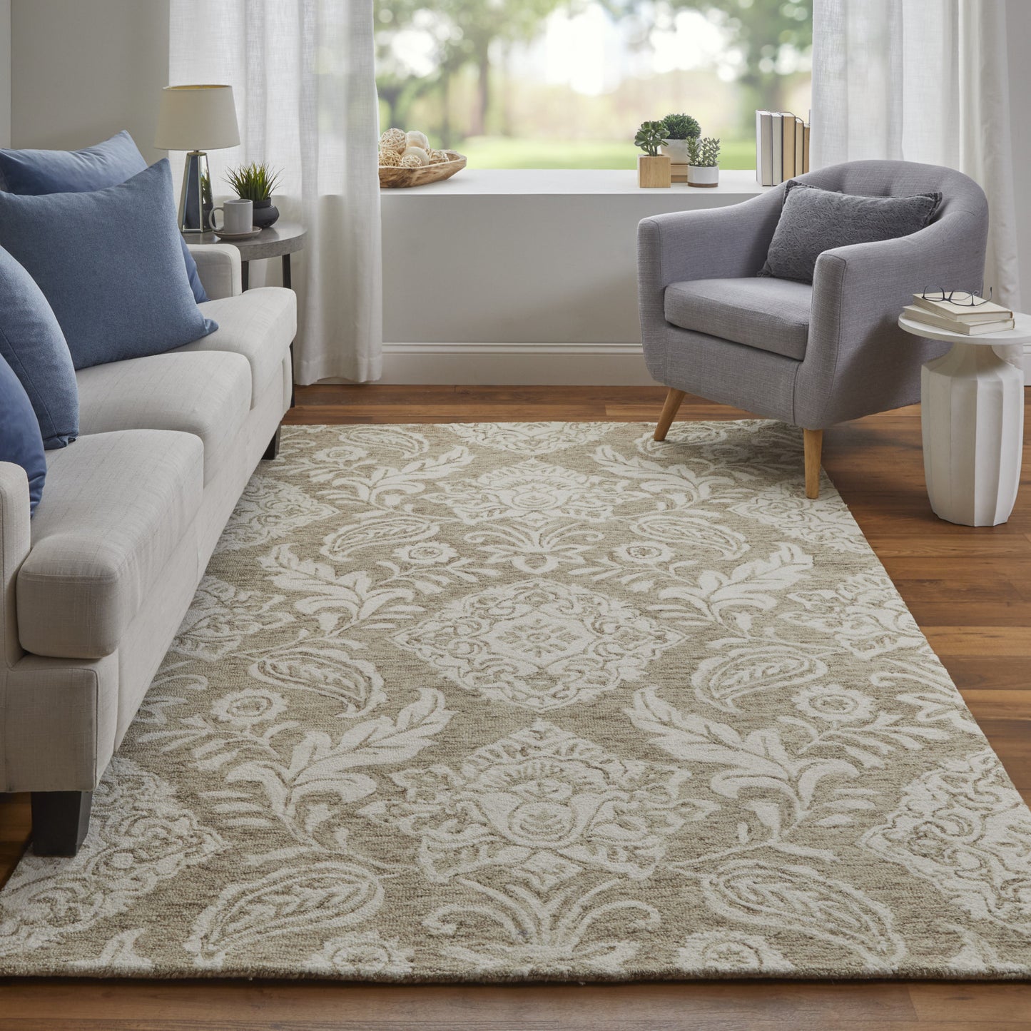 8 x 10 Tan & Ivory Wool Paisley Tufted Handmade Stain Resistant Rug
