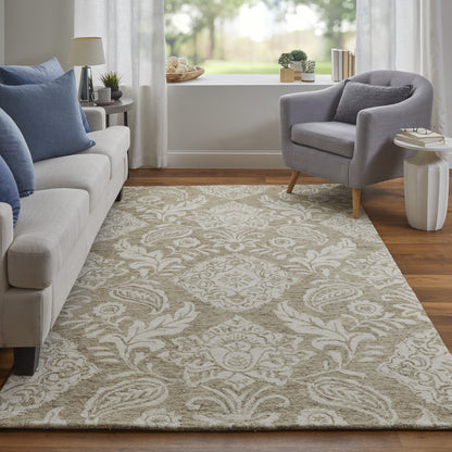 8 x 10 Tan & Ivory Wool Paisley Tufted Handmade Stain Resistant Rug