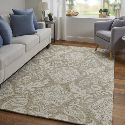 8 x 10 Tan & Ivory Wool Paisley Tufted Handmade Stain Resistant Rug