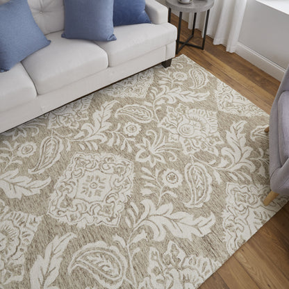 8 x 10 Tan & Ivory Wool Paisley Tufted Handmade Stain Resistant Rug
