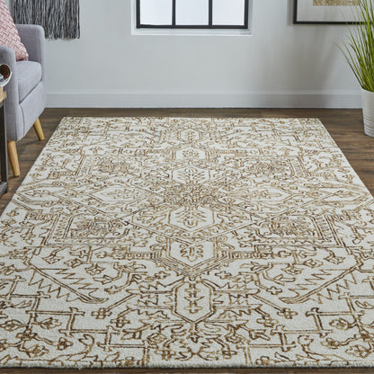 8 x 10 Ivory & Brown Wool Floral Tufted Handmade Stain Resistant Rug
