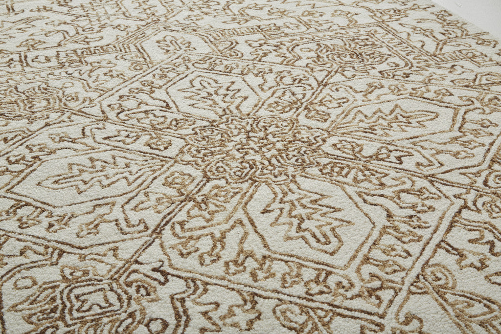 8 x 10 Ivory & Brown Wool Floral Tufted Handmade Stain Resistant Rug