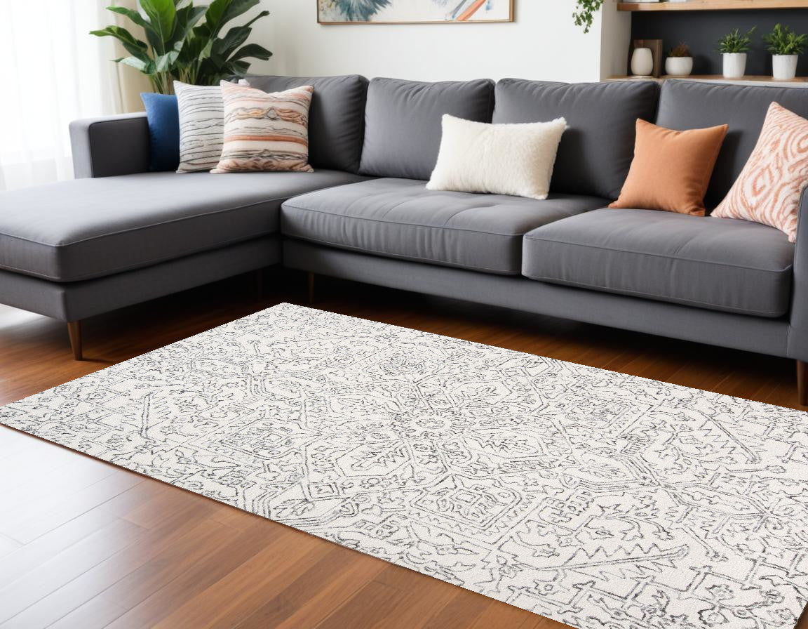 8 x 10 Ivory & Gray Wool Floral Tufted Handmade Stain Resistant Rug