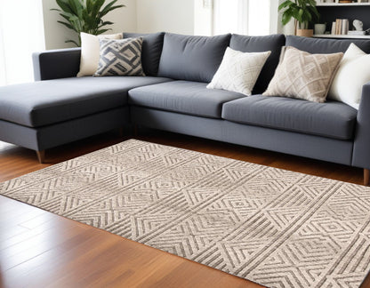 10 x 13 Tan Ivory & Brown Geometric Stain Resistant Rug