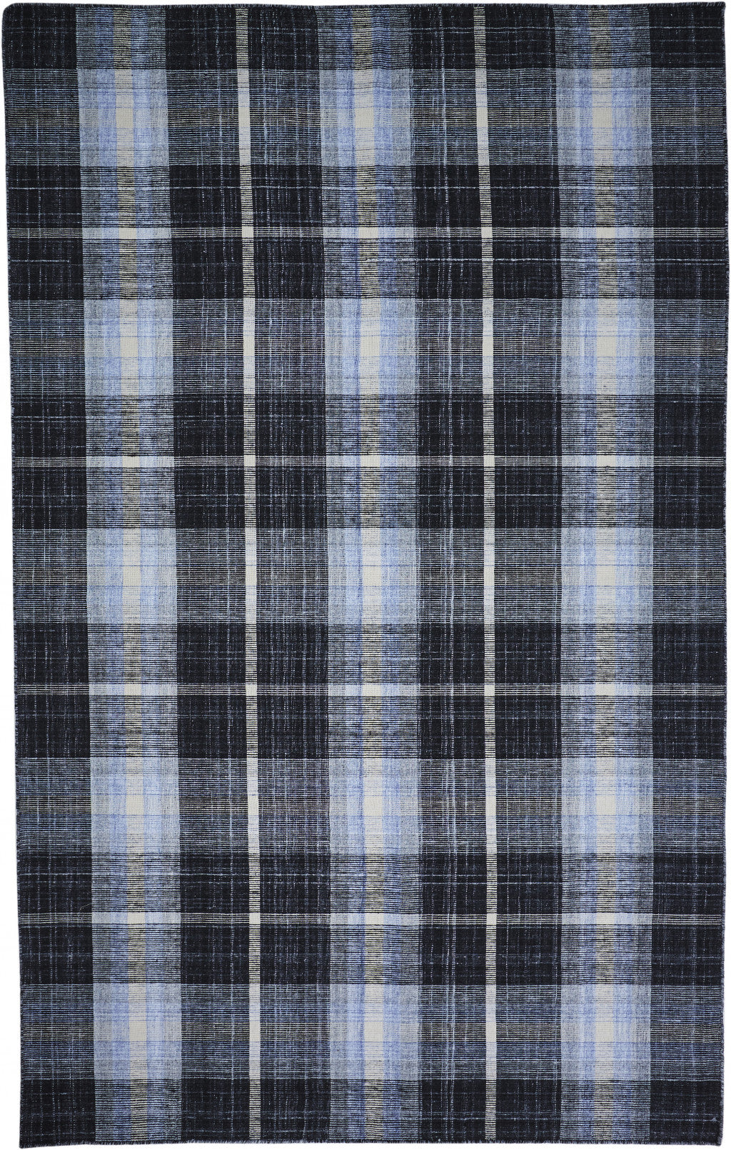 8 x 10 Black Blue & White Hand Woven Stain Resistant Rug