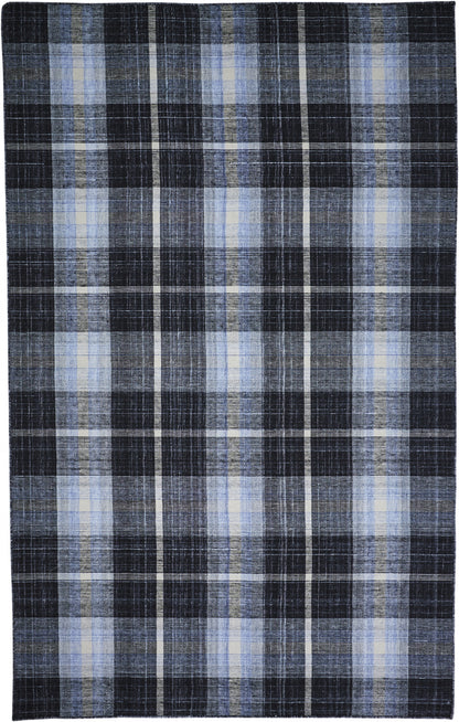 8 x 10 Black Blue & White Hand Woven Stain Resistant Rug