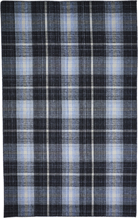 8 x 10 Black Blue & White Hand Woven Stain Resistant Rug