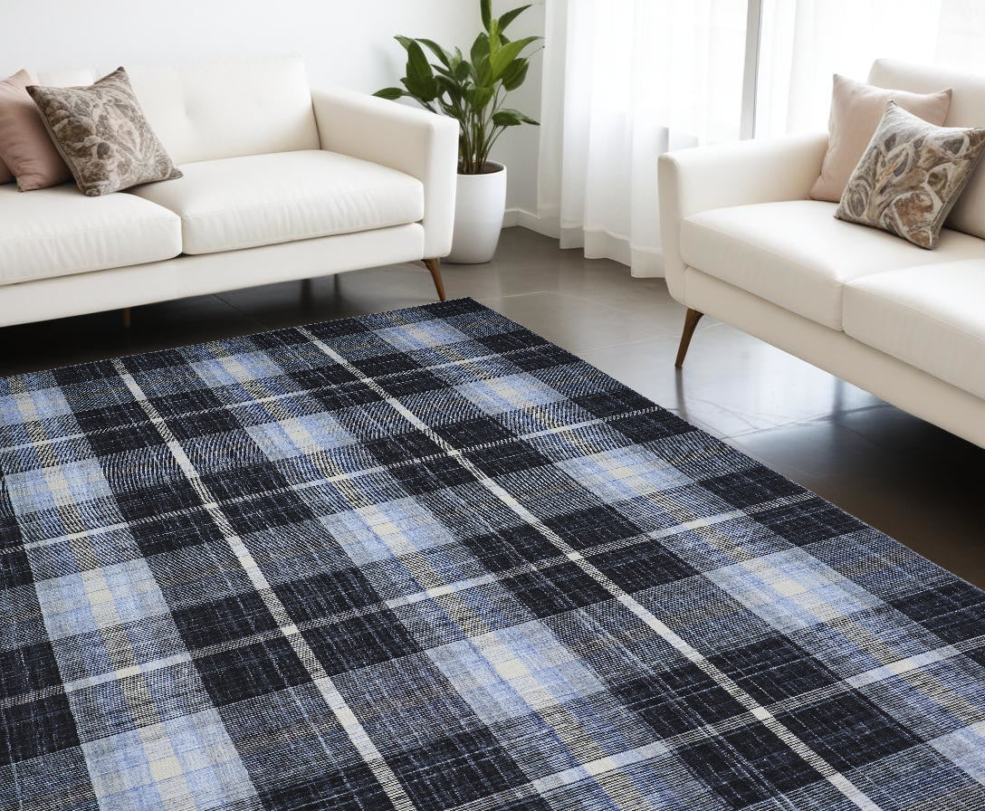 8 x 10 Black Blue & White Hand Woven Stain Resistant Rug