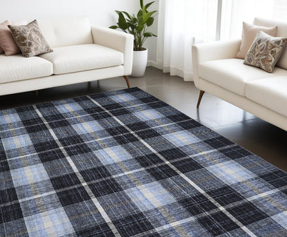 8 x 10 Black Blue & White Hand Woven Stain Resistant Rug