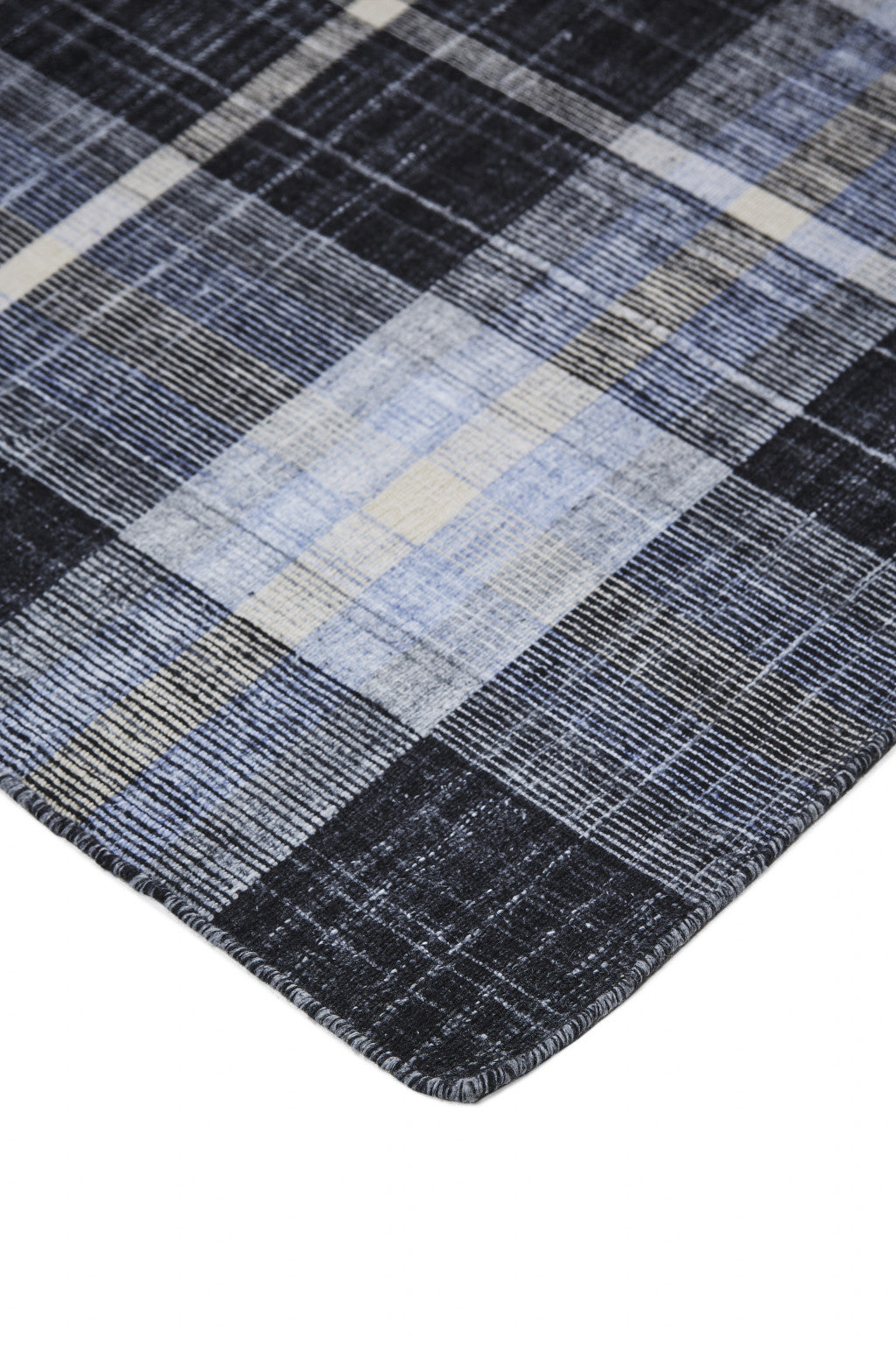 8 x 10 Black Blue & White Hand Woven Stain Resistant Rug