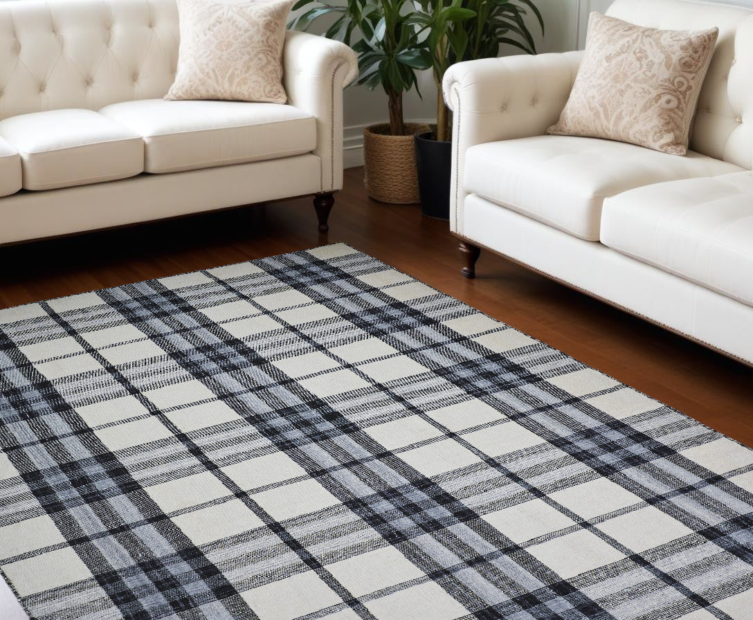 8 x 10 Ivory Blue & Black Hand Woven Stain Resistant Rug