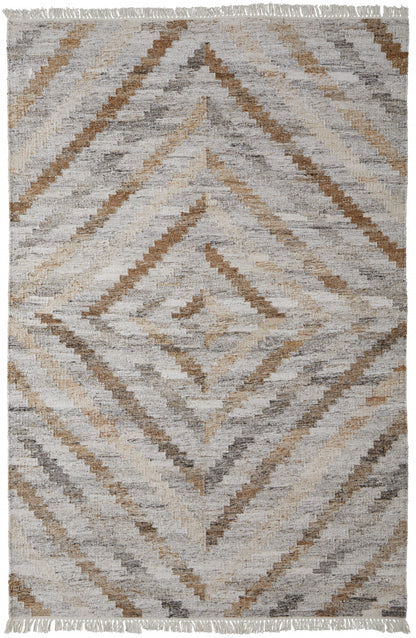 9 x 12 Gray & Brown Geometric Hand Woven Rug With Fringe
