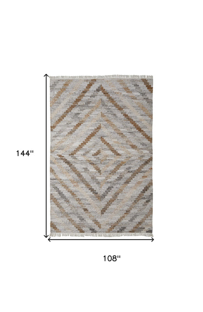 9 x 12 Gray & Brown Geometric Hand Woven Rug With Fringe
