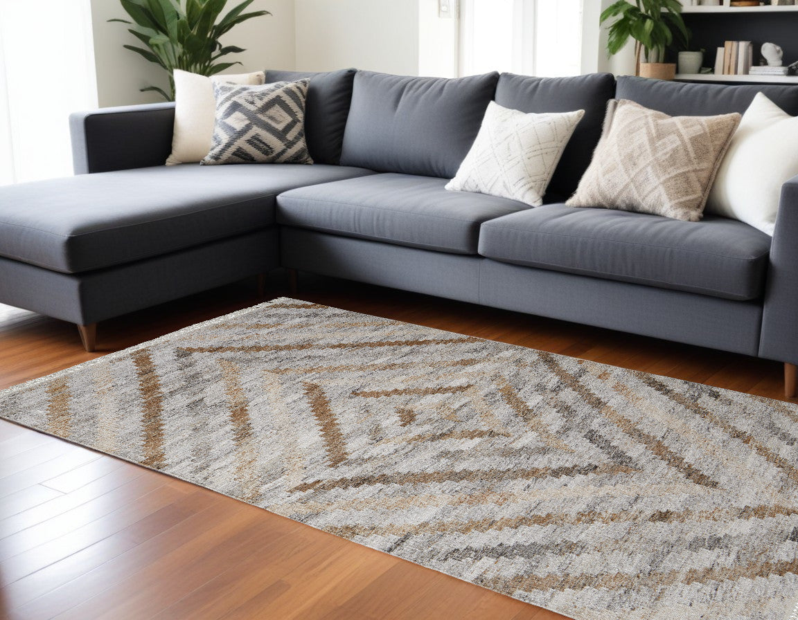9 x 12 Gray & Brown Geometric Hand Woven Rug With Fringe