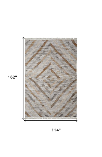 10 x 13 Gray & Brown Geometric Hand Woven Rug With Fringe