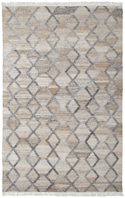 9 x 12 Gray Ivory & Tan Geometric Hand Woven Stain Resistant Rug With Fringe