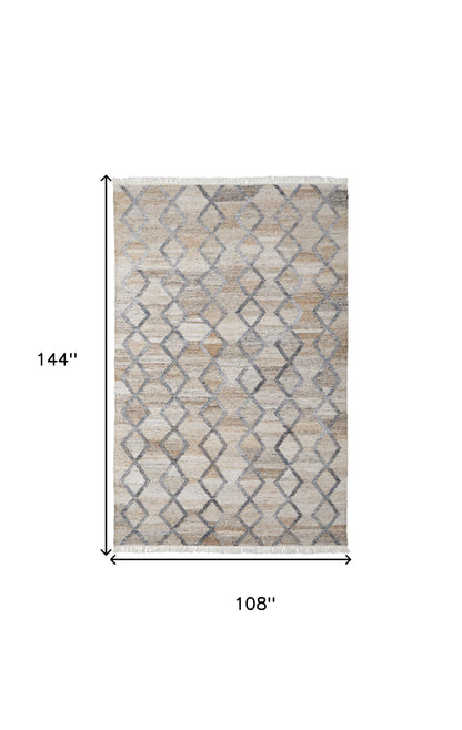 9 x 12 Gray Ivory & Tan Geometric Hand Woven Stain Resistant Rug With Fringe