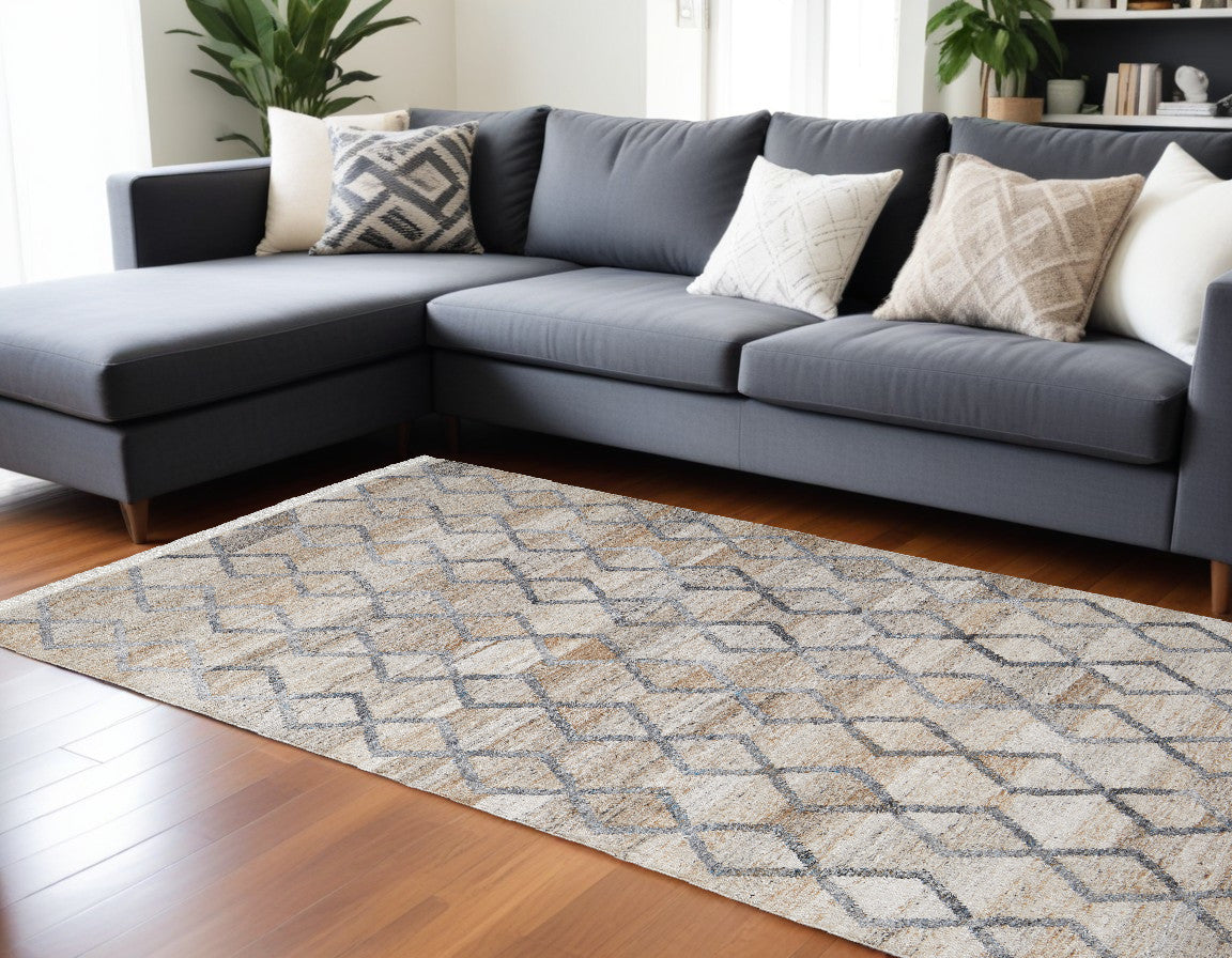 9 x 12 Gray Ivory & Tan Geometric Hand Woven Stain Resistant Rug With Fringe