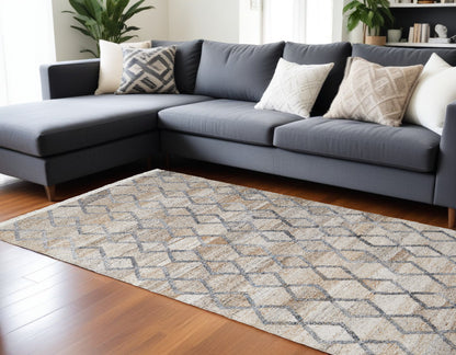 9 x 12 Gray Ivory & Tan Geometric Hand Woven Stain Resistant Rug With Fringe