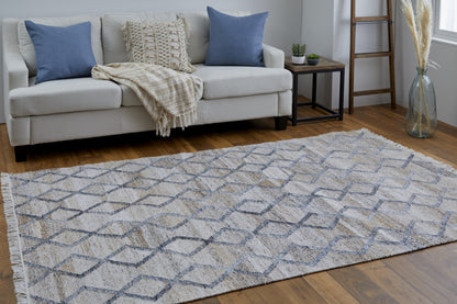 9 x 12 Gray Ivory & Tan Geometric Hand Woven Stain Resistant Rug With Fringe