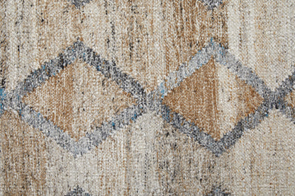 9 x 12 Gray Ivory & Tan Geometric Hand Woven Stain Resistant Rug With Fringe
