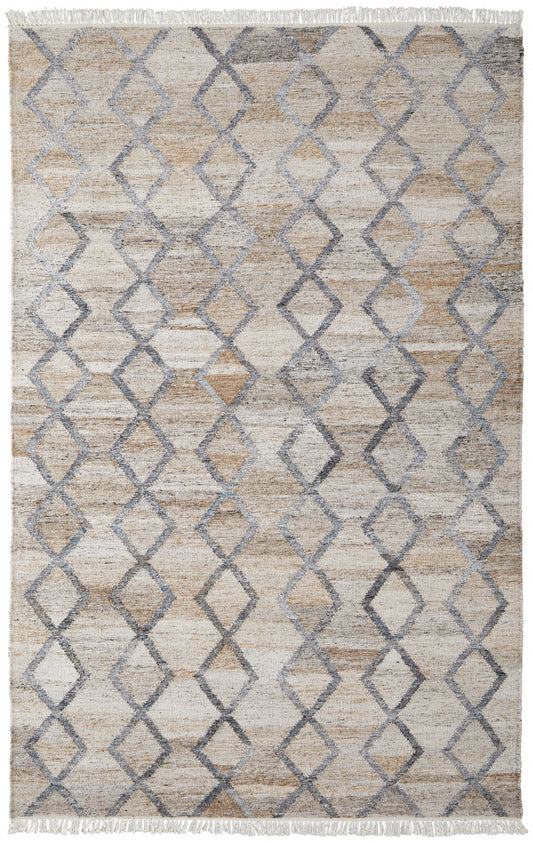 10 x 13 Gray Ivory & Tan Geometric Hand Woven Stain Resistant Rug With Fringe